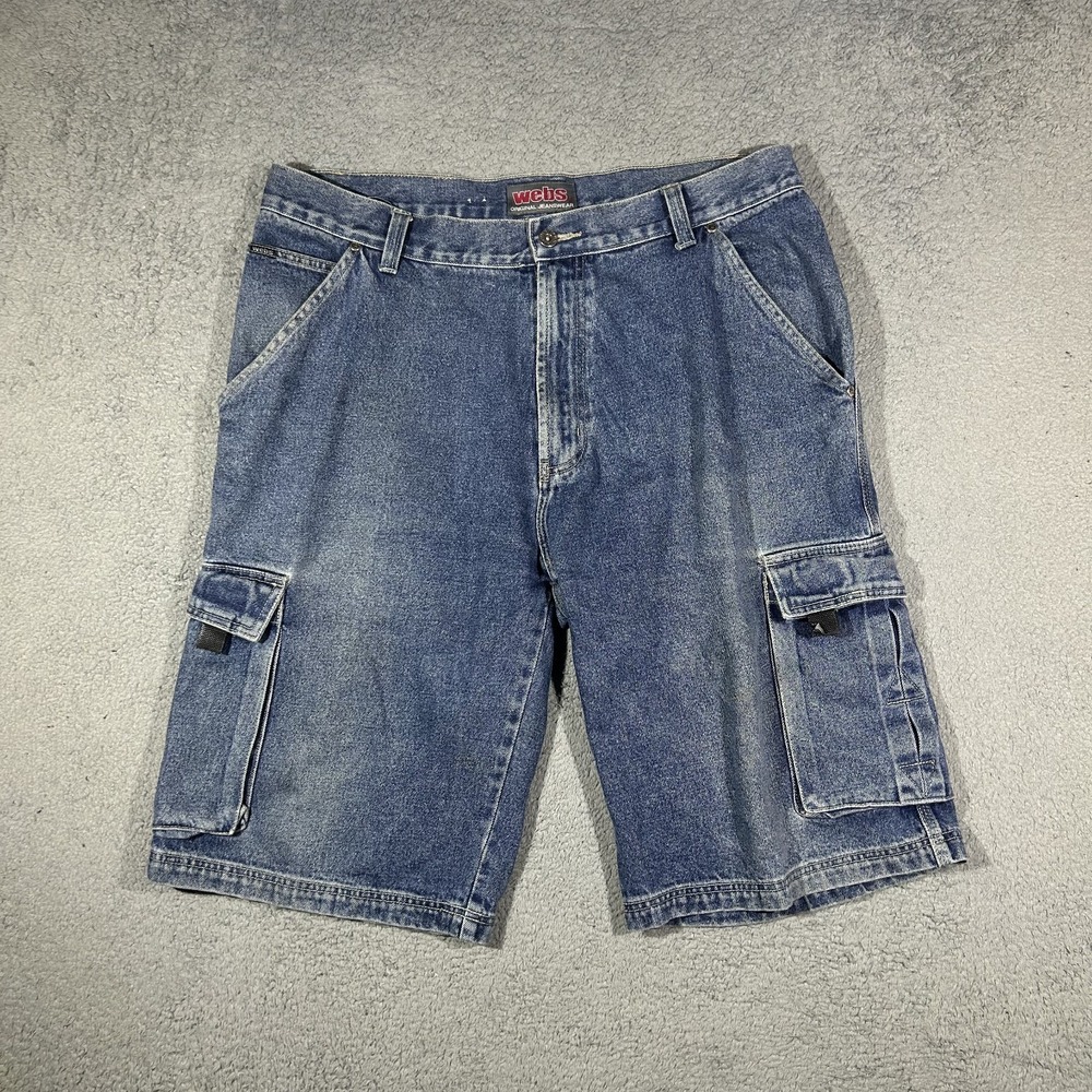 Vintage Webs Denim Cargo Shorts Blue Baggy Skater W38 Jorts Jeans Hip Hop #3821